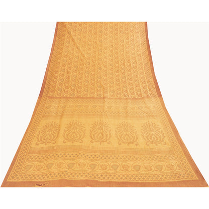 Sanskriti Vintage Sarees Yellow 100% Pure Cotton Printed Sari 5+yd Craft Fabric