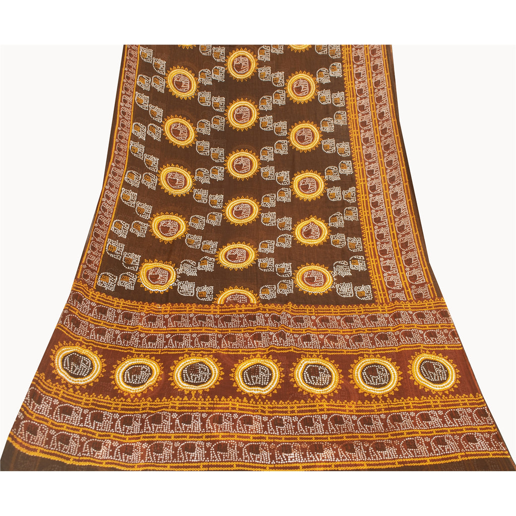 Sanskriti Vintage Sarees Pure Cotton Bandhani Elephant Printed Sari 5+yd Fabric