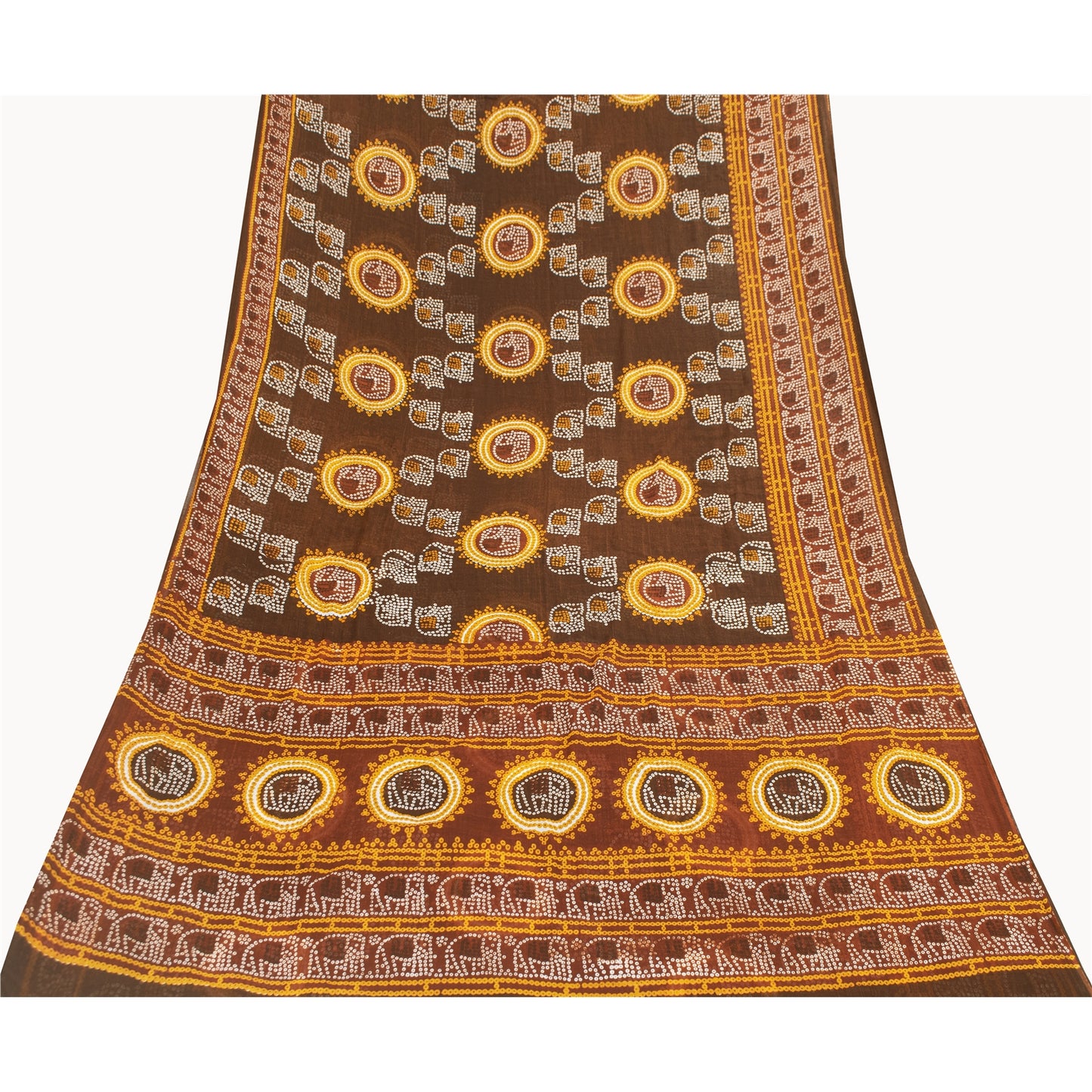 Sanskriti Vintage Sarees Pure Cotton Bandhani Elephant Printed Sari 5+yd Fabric