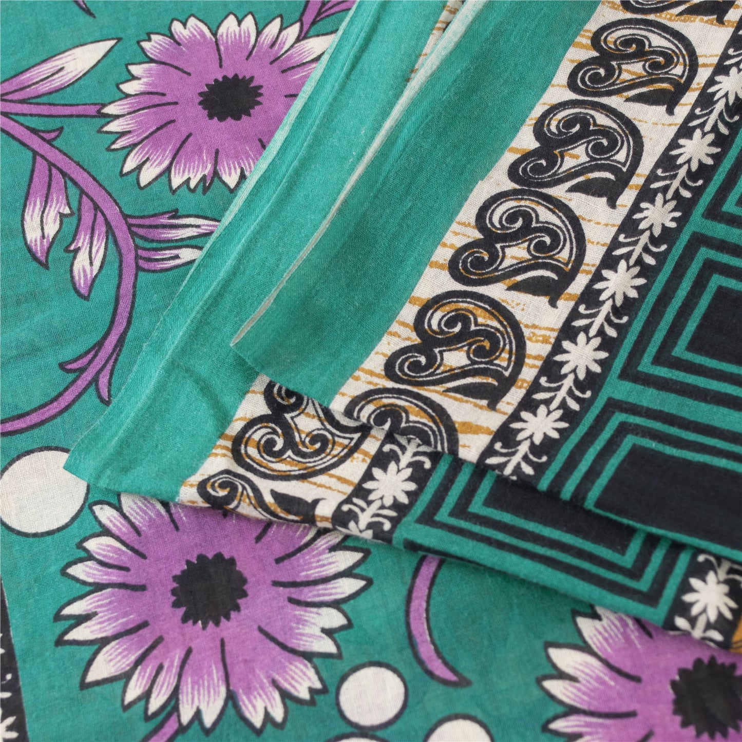 Sanskriti Vintage Sarees Indian Ivory Pure Cotton Printed Sari 5+yd Craft Fabric