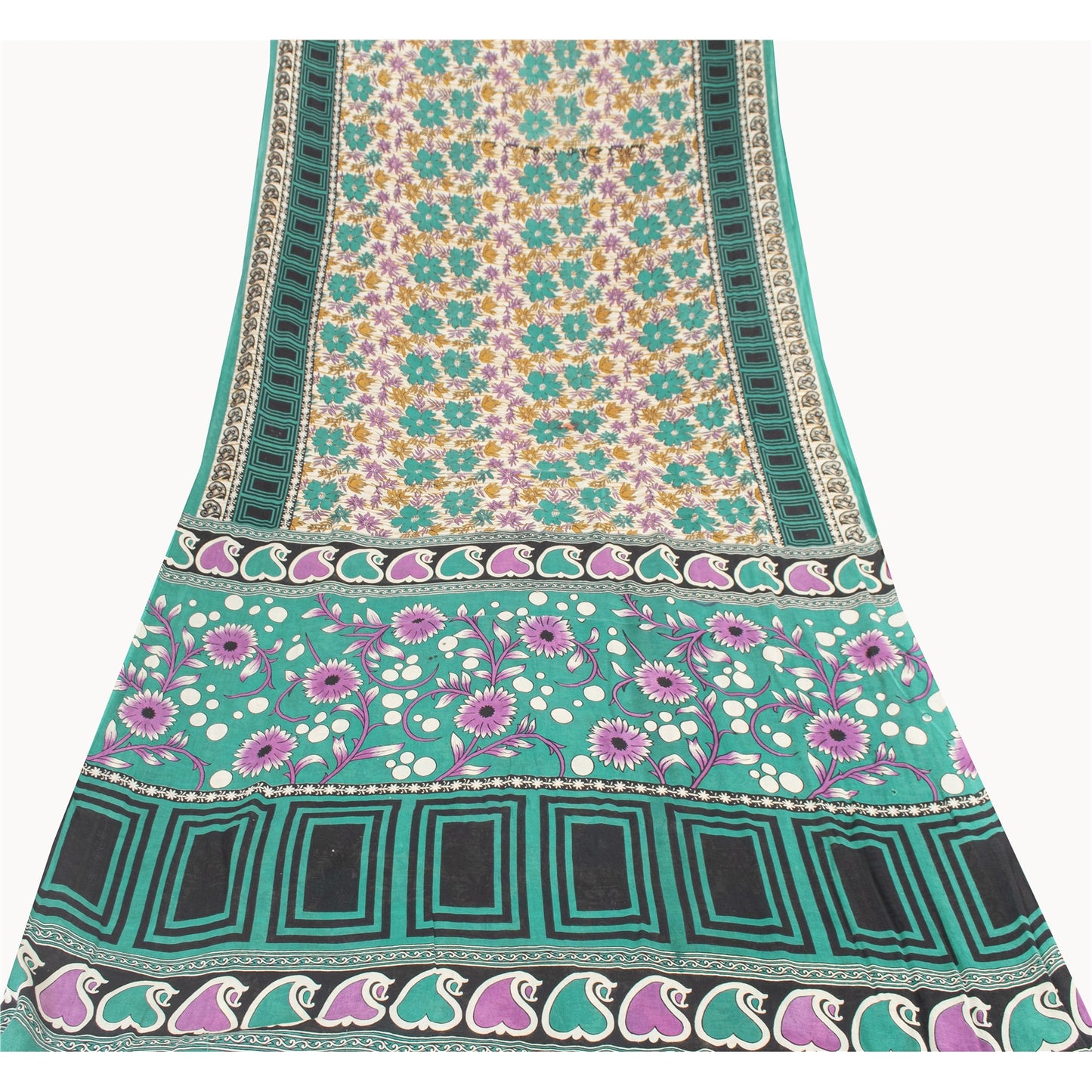 Sanskriti Vintage Sarees Indian Ivory Pure Cotton Printed Sari 5+yd Craft Fabric