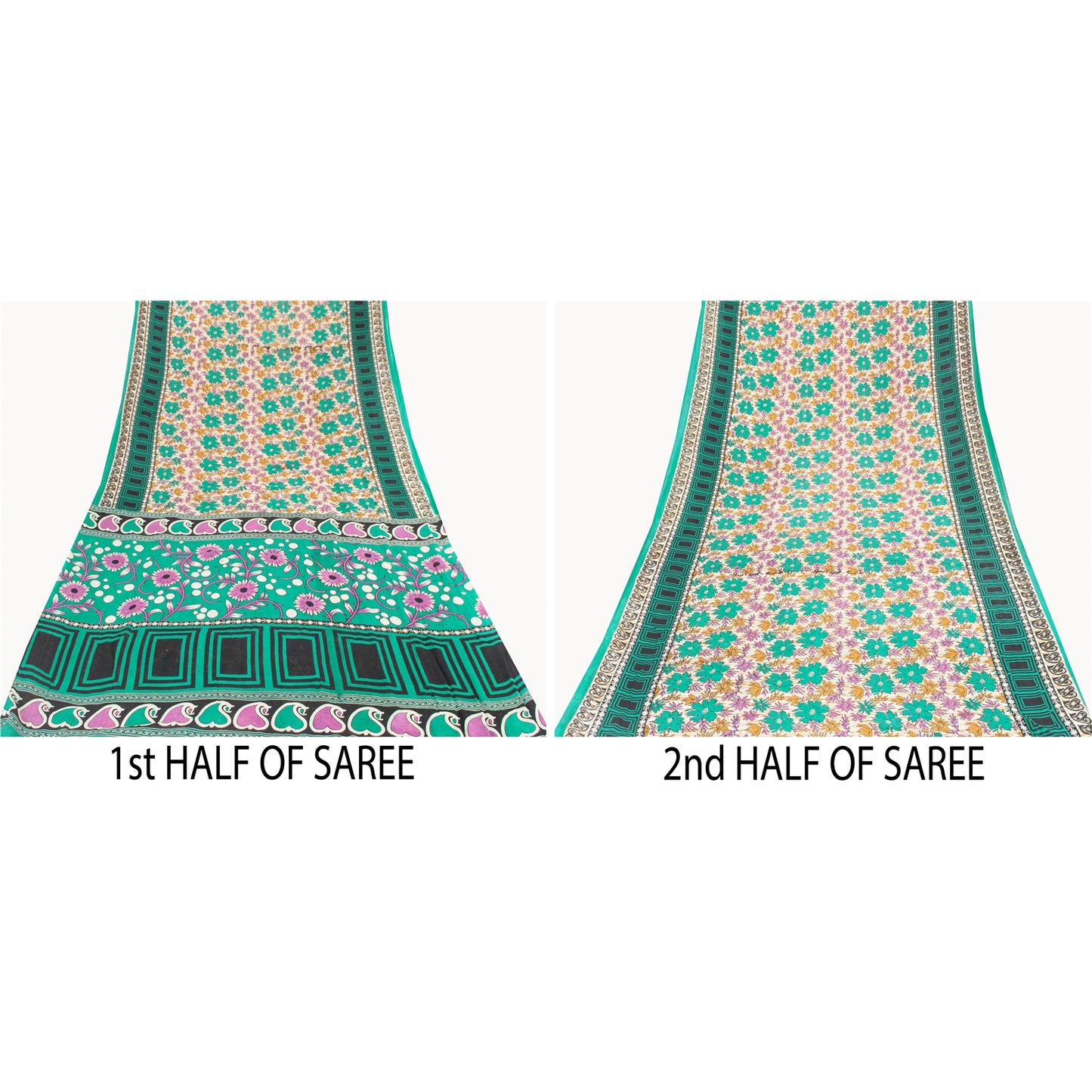 Sanskriti Vintage Sarees Indian Ivory Pure Cotton Printed Sari 5+yd Craft Fabric