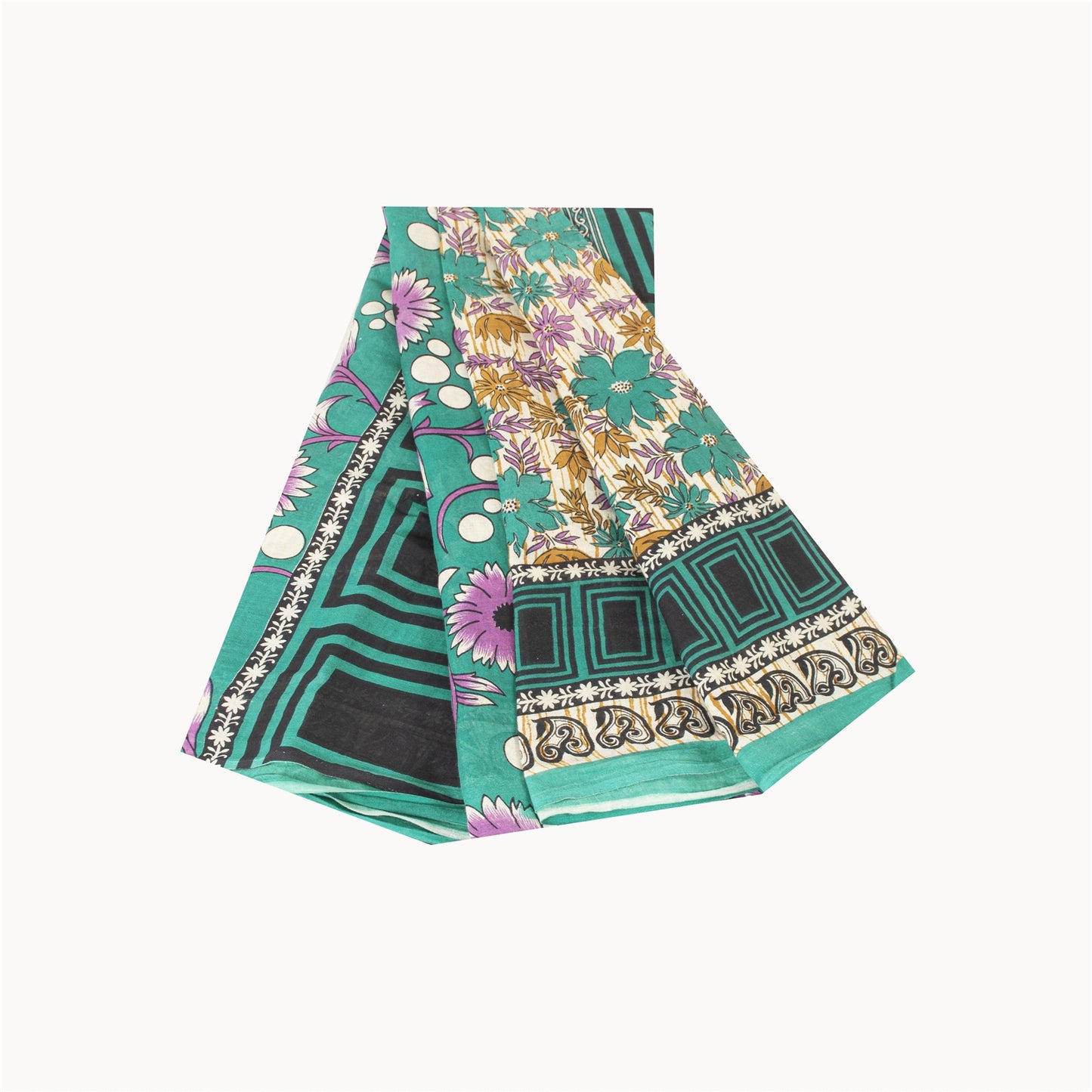 Sanskriti Vintage Sarees Indian Ivory Pure Cotton Printed Sari 5+yd Craft Fabric