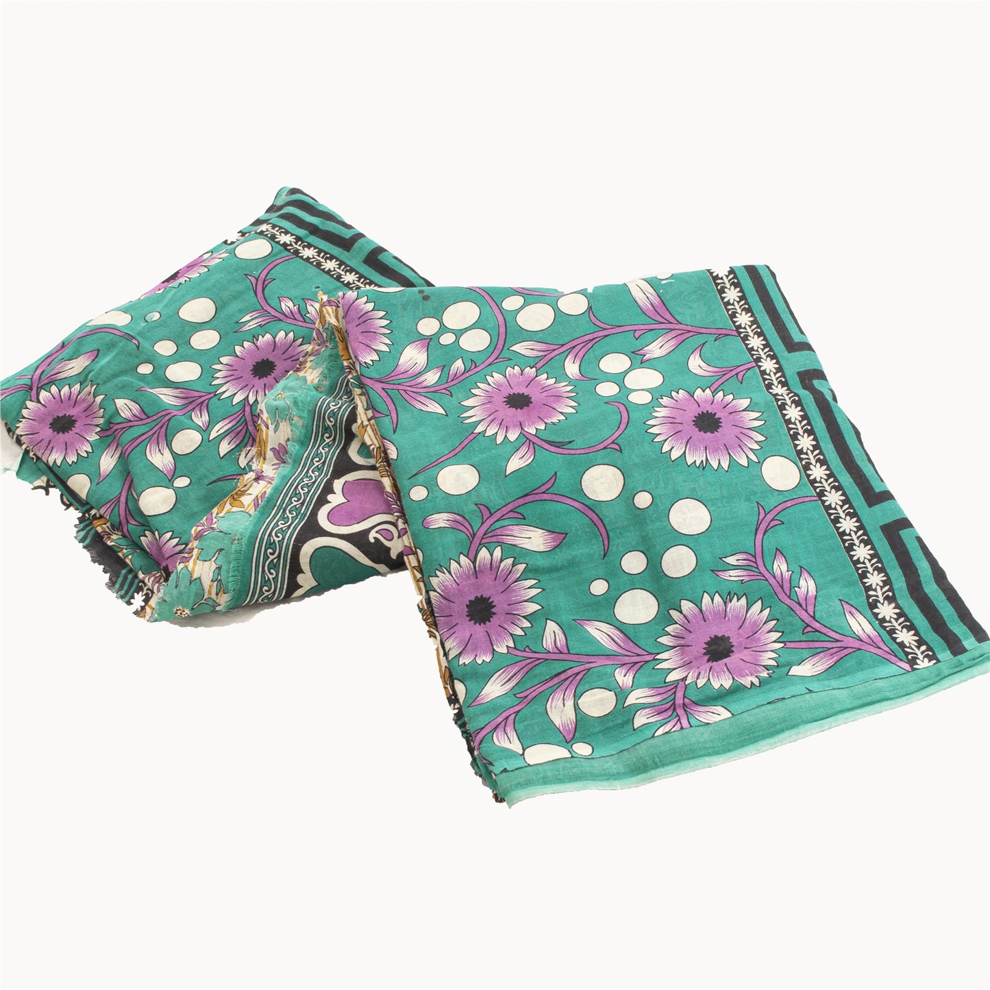 Sanskriti Vintage Sarees Indian Ivory Pure Cotton Printed Sari 5+yd Craft Fabric