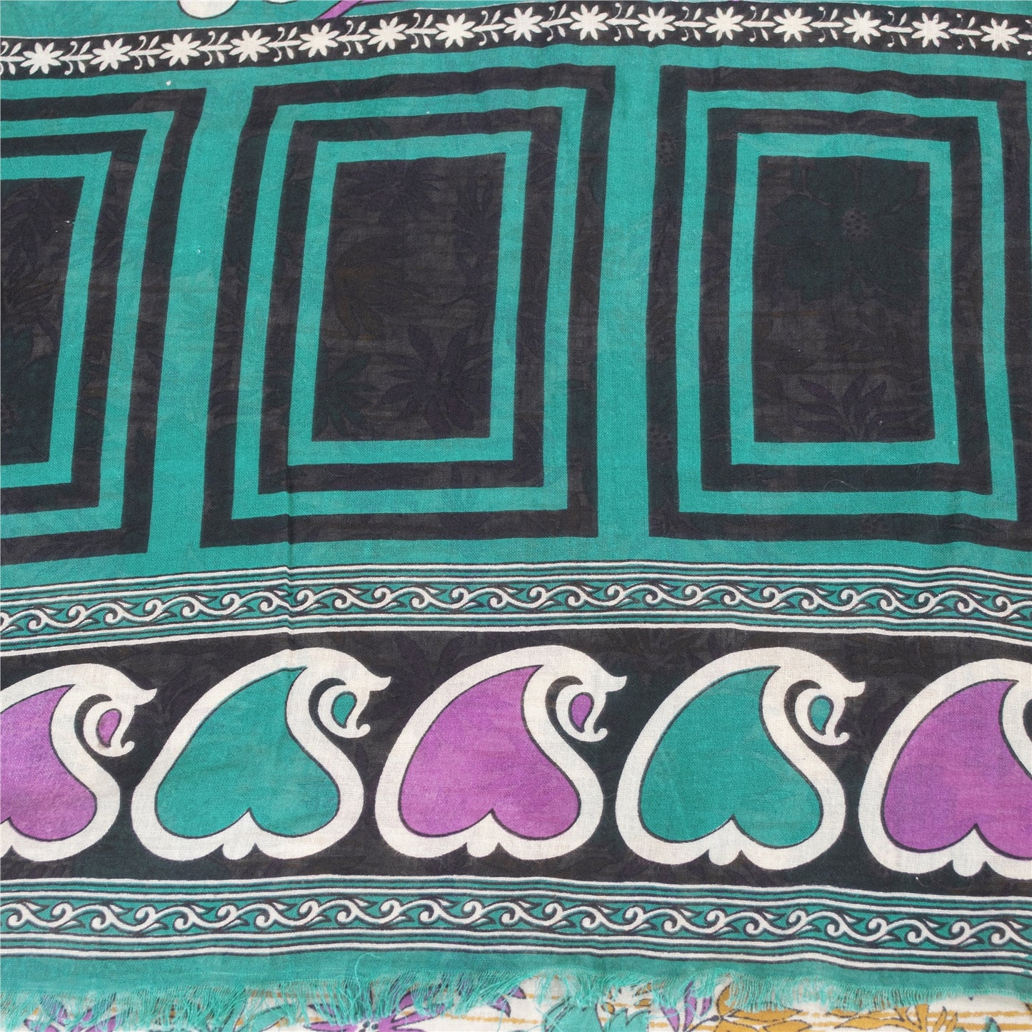 Sanskriti Vintage Sarees Indian Ivory Pure Cotton Printed Sari 5+yd Craft Fabric