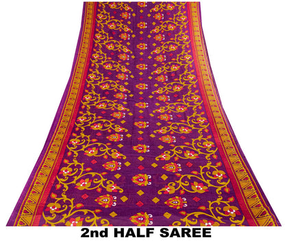 Sanskriti Vintage Saree Purple 100% Pure Cotton Floral Print Sari Fabric 5+Yard
