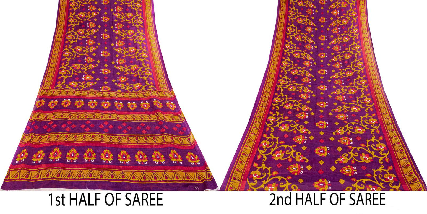 Sanskriti Vintage Saree Purple 100% Pure Cotton Floral Print Sari Fabric 5+Yard
