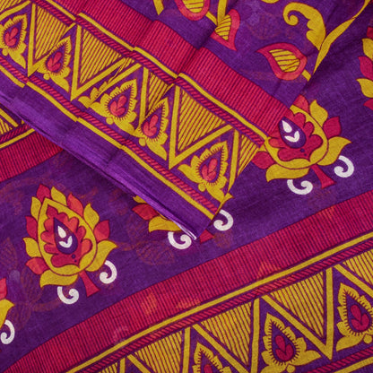 Sanskriti Vintage Saree Purple 100% Pure Cotton Floral Print Sari Fabric 5+Yard