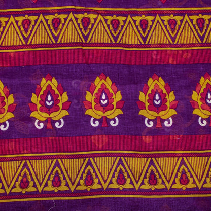Sanskriti Vintage Saree Purple 100% Pure Cotton Floral Print Sari Fabric 5+Yard