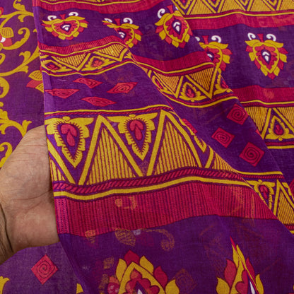 Sanskriti Vintage Saree Purple 100% Pure Cotton Floral Print Sari Fabric 5+Yard