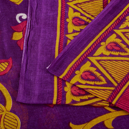 Sanskriti Vintage Saree Purple 100% Pure Cotton Floral Print Sari Fabric 5+Yard