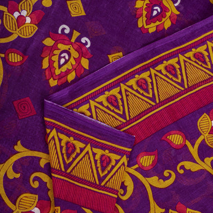 Sanskriti Vintage Saree Purple 100% Pure Cotton Floral Print Sari Fabric 5+Yard