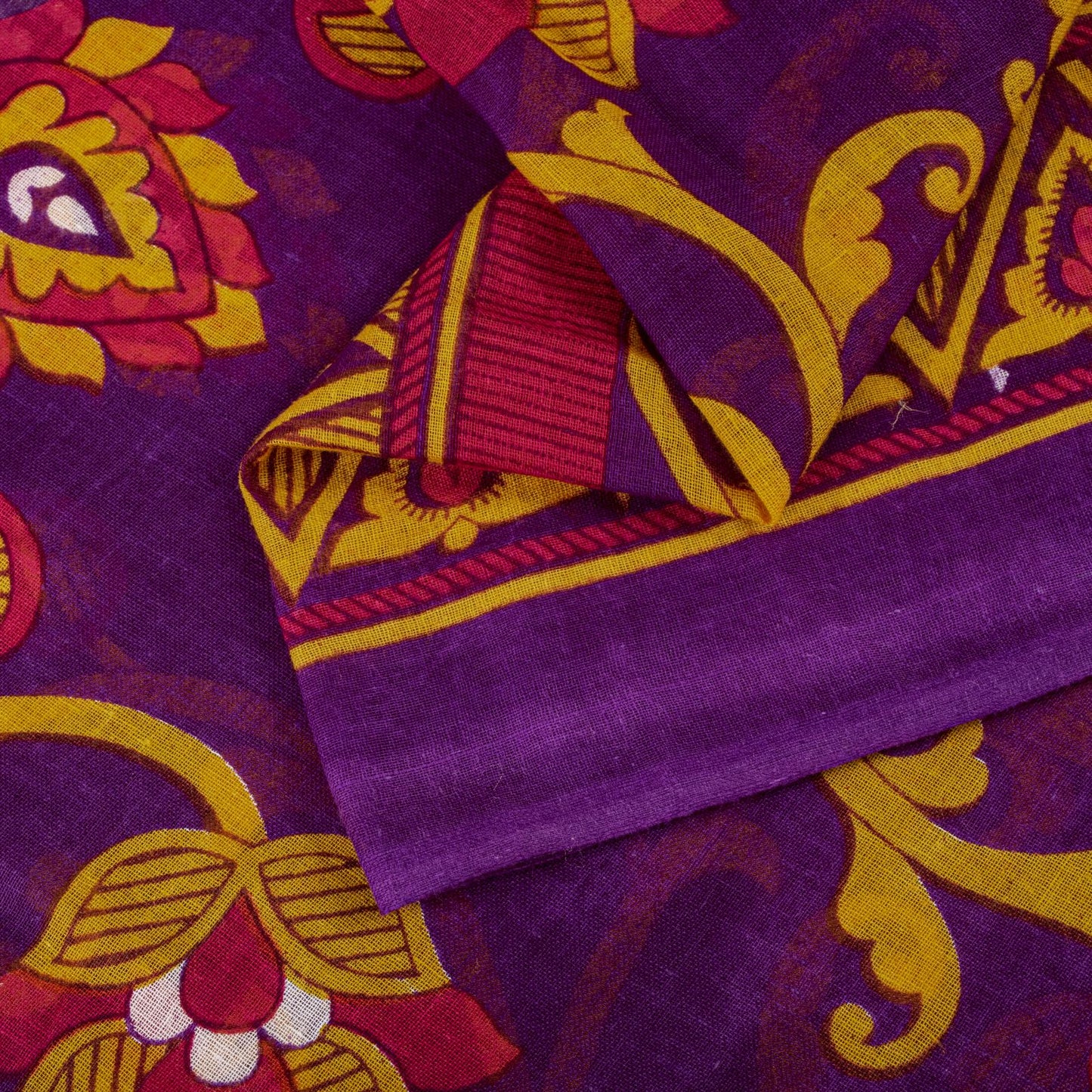 Sanskriti Vintage Saree Purple 100% Pure Cotton Floral Print Sari Fabric 5+Yard