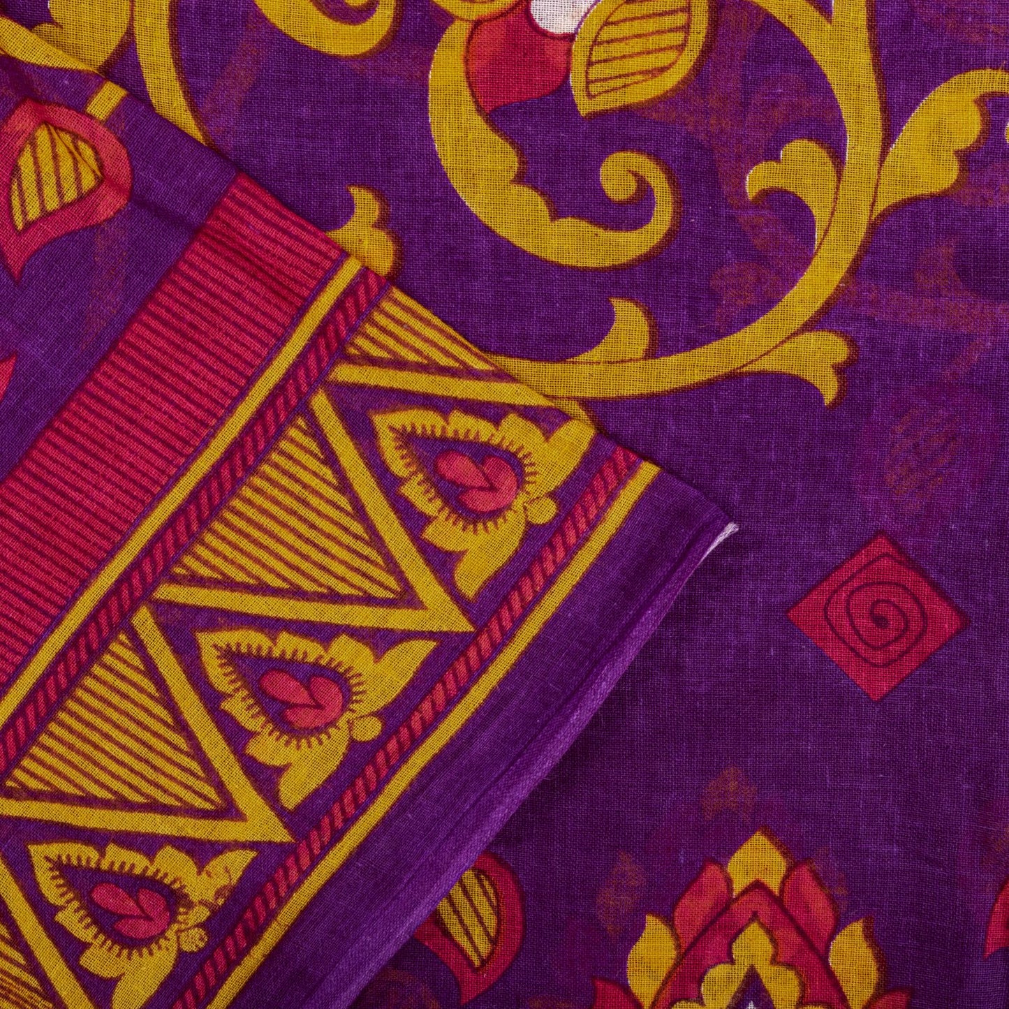 Sanskriti Vintage Saree Purple 100% Pure Cotton Floral Print Sari Fabric 5+Yard