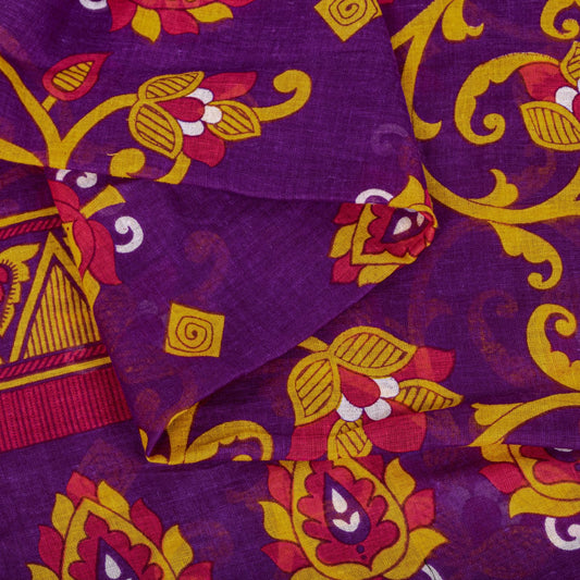 Sanskriti Vintage Saree Purple 100% Pure Cotton Floral Print Sari Fabric 5+Yard