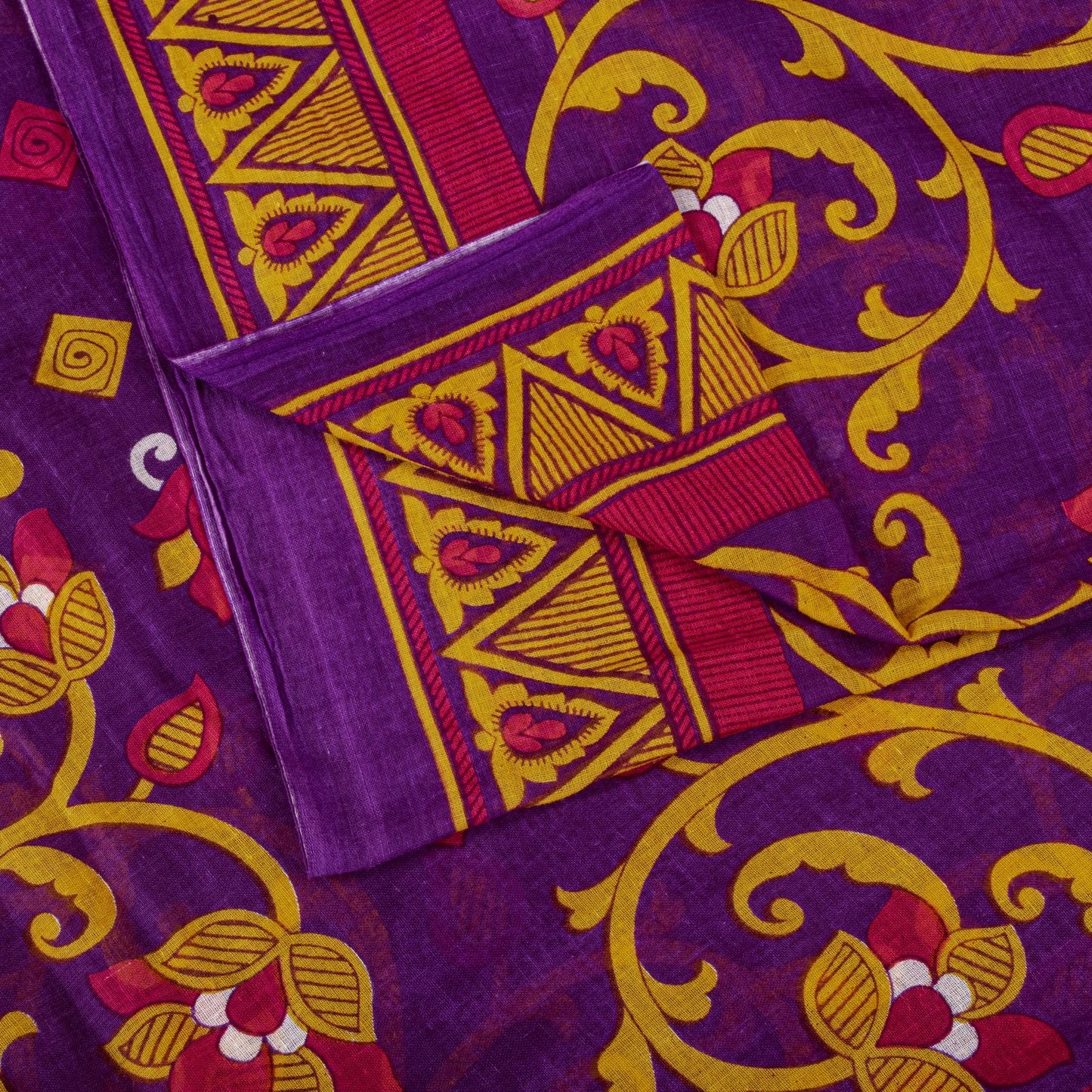 Sanskriti Vintage Saree Purple 100% Pure Cotton Floral Print Sari Fabric 5+Yard