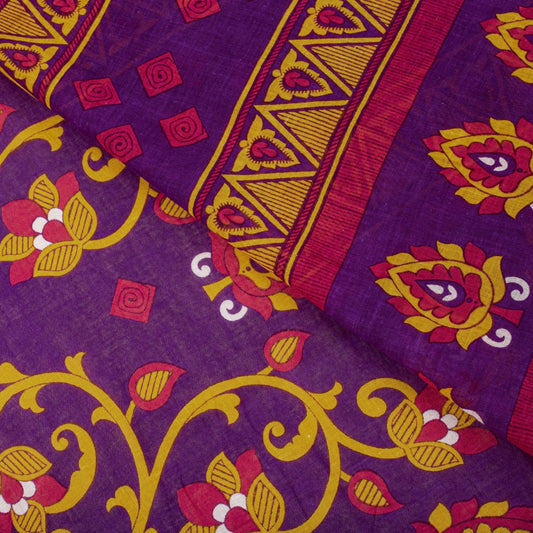 Sanskriti Vintage Saree Purple 100% Pure Cotton Floral Print Sari Fabric 5+Yard
