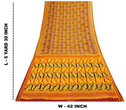 Sanskriti Vintage Saree Yellow Pure Cotton Patola Print-Woven Sari Fabric 5+Yard