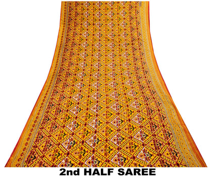 Sanskriti Vintage Saree Yellow Pure Cotton Patola Print-Woven Sari Fabric 5+Yard