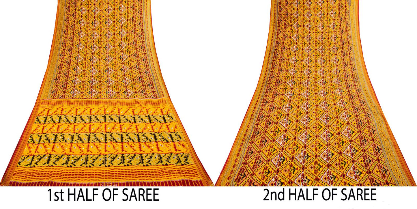 Sanskriti Vintage Saree Yellow Pure Cotton Patola Print-Woven Sari Fabric 5+Yard