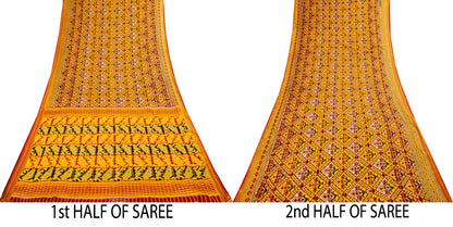 Sanskriti Vintage Saree Yellow Pure Cotton Patola Print-Woven Sari Fabric 5+Yard