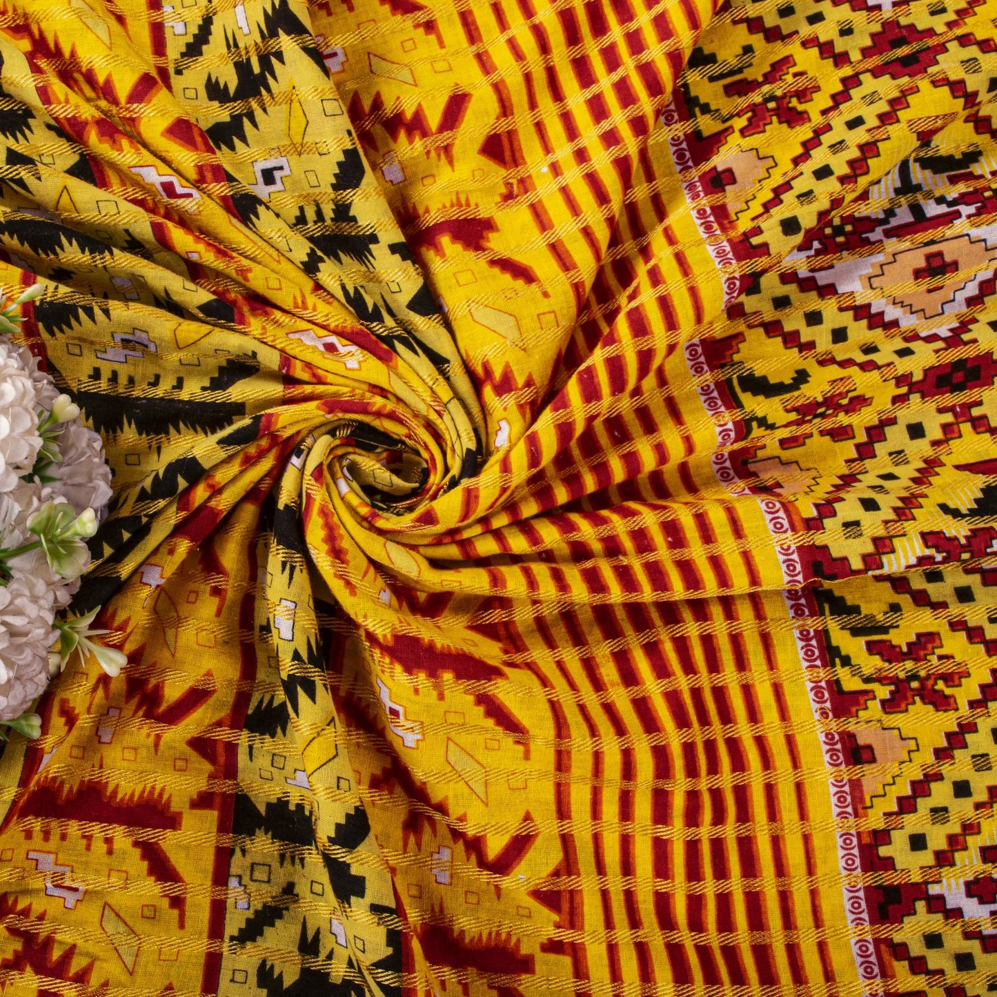 Sanskriti Vintage Saree Yellow Pure Cotton Patola Print-Woven Sari Fabric 5+Yard