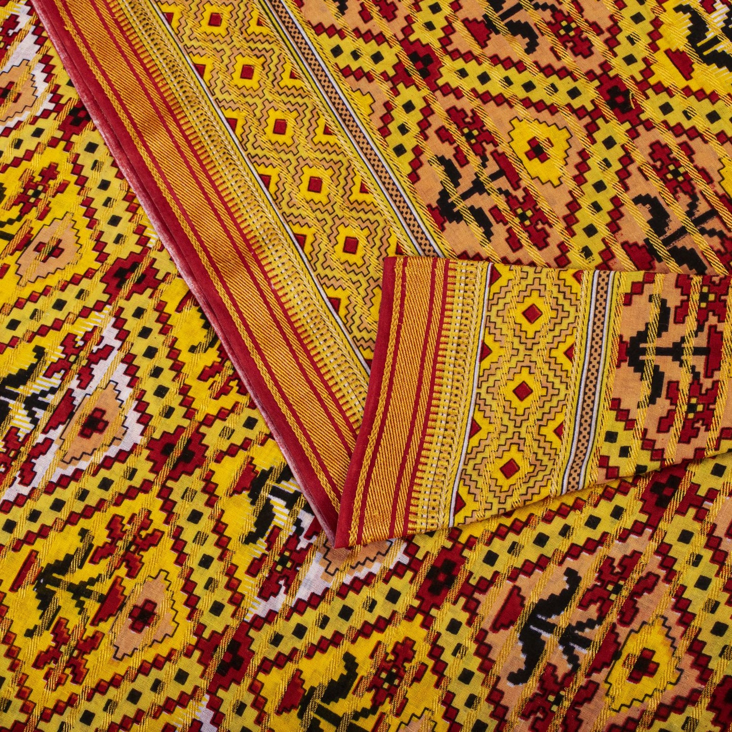 Sanskriti Vintage Saree Yellow Pure Cotton Patola Print-Woven Sari Fabric 5+Yard