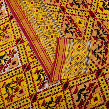 Sanskriti Vintage Saree Yellow Pure Cotton Patola Print-Woven Sari Fabric 5+Yard