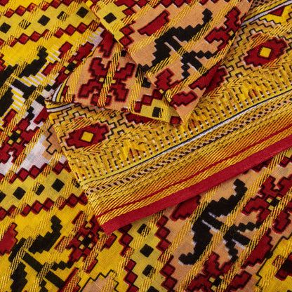 Sanskriti Vintage Saree Yellow Pure Cotton Patola Print-Woven Sari Fabric 5+Yard