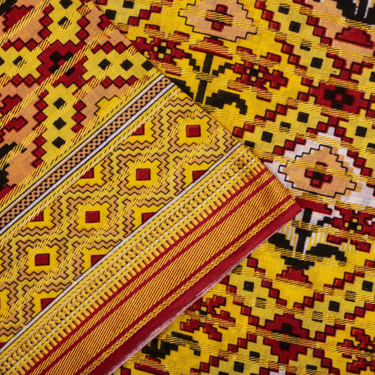Sanskriti Vintage Saree Yellow Pure Cotton Patola Print-Woven Sari Fabric 5+Yard