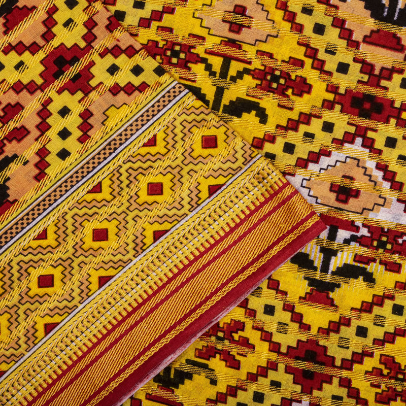 Sanskriti Vintage Saree Yellow Pure Cotton Patola Print-Woven Sari Fabric 5+Yard