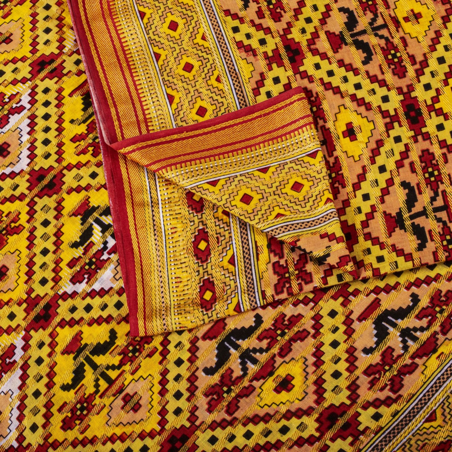 Sanskriti Vintage Saree Yellow Pure Cotton Patola Print-Woven Sari Fabric 5+Yard