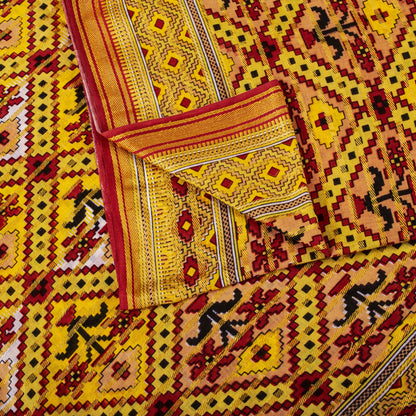 Sanskriti Vintage Saree Yellow Pure Cotton Patola Print-Woven Sari Fabric 5+Yard