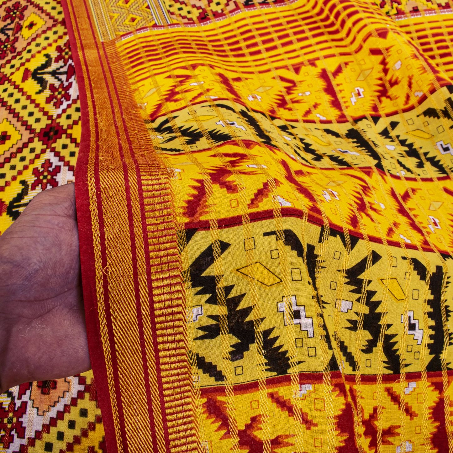 Sanskriti Vintage Saree Yellow Pure Cotton Patola Print-Woven Sari Fabric 5+Yard
