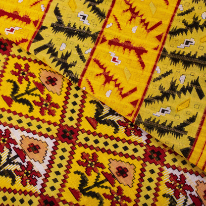 Sanskriti Vintage Saree Yellow Pure Cotton Patola Print-Woven Sari Fabric 5+Yard