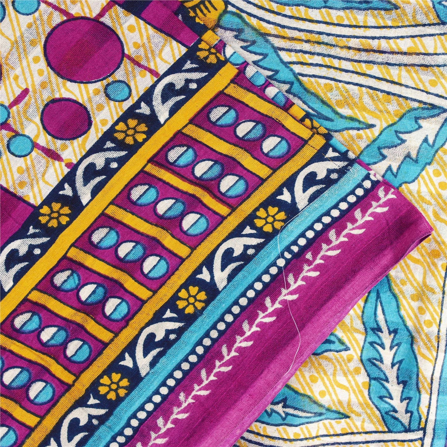 Sanskriti Vintage Sarees Ivory & Pink Pure Cotton Printed Sari 5+yd Craft Fabric