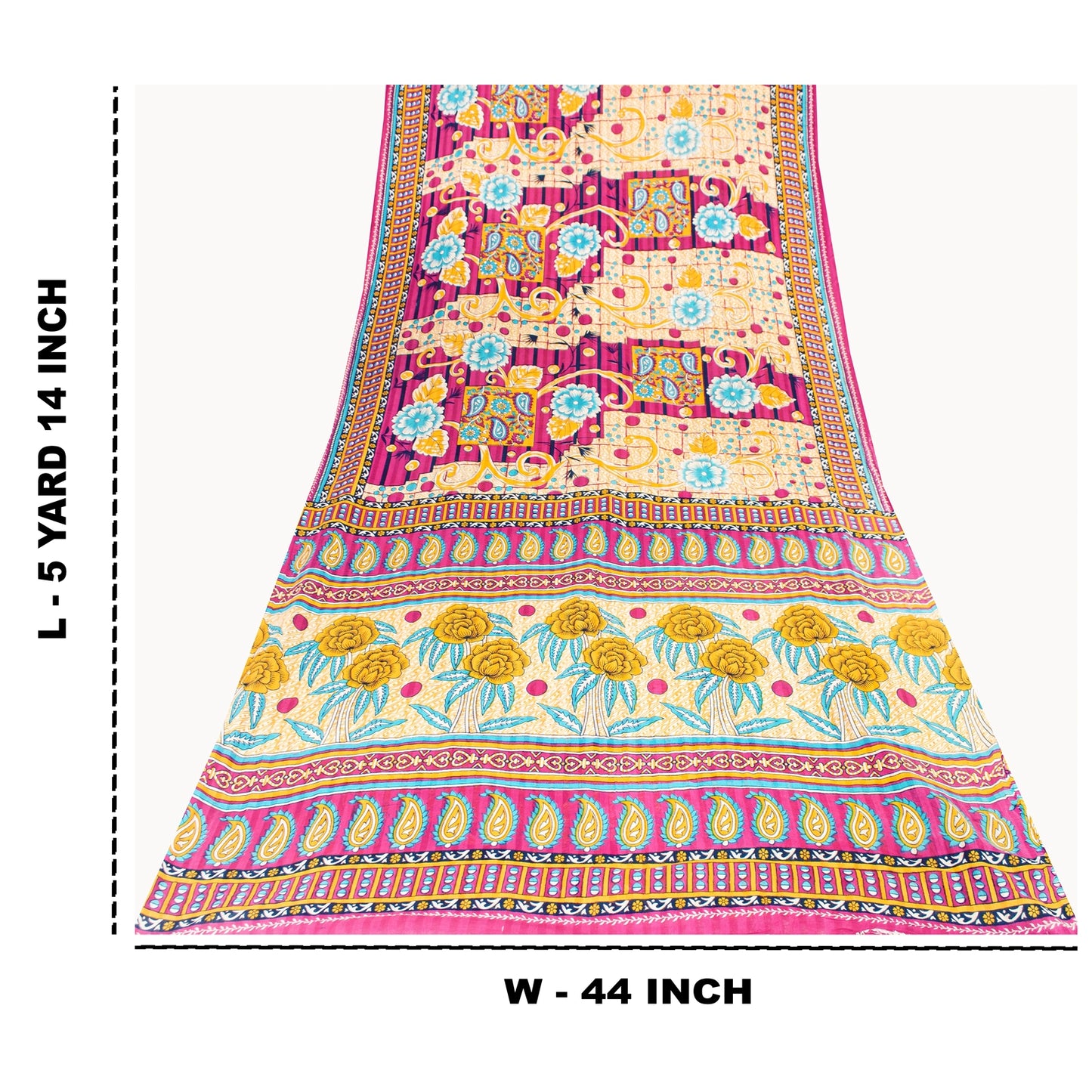 Sanskriti Vintage Sarees Ivory & Pink Pure Cotton Printed Sari 5+yd Craft Fabric