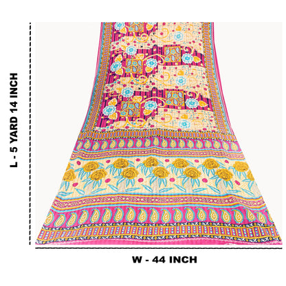 Sanskriti Vintage Sarees Ivory & Pink Pure Cotton Printed Sari 5+yd Craft Fabric