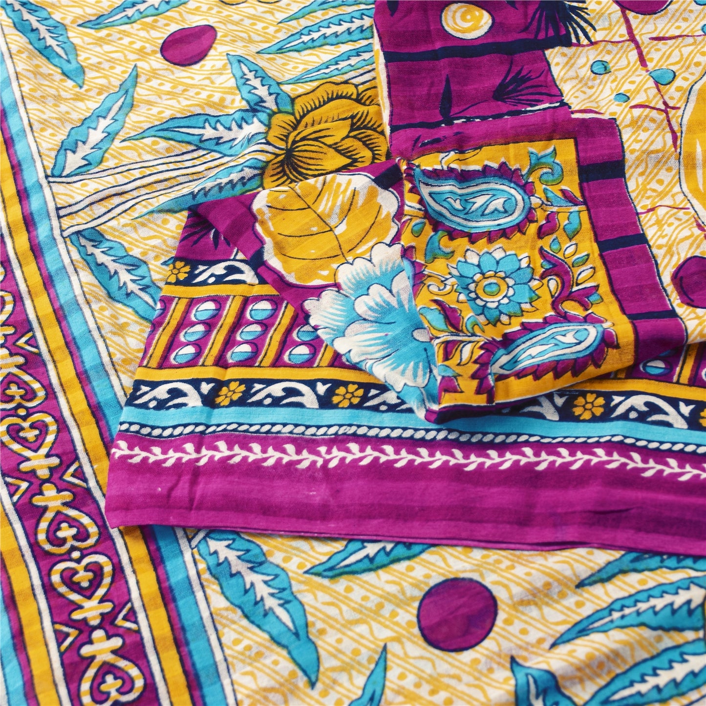 Sanskriti Vintage Sarees Ivory & Pink Pure Cotton Printed Sari 5+yd Craft Fabric