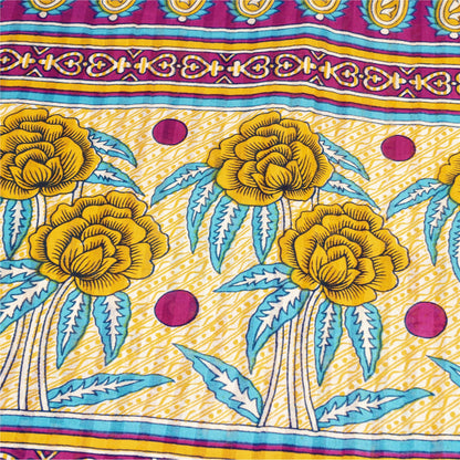 Sanskriti Vintage Sarees Ivory & Pink Pure Cotton Printed Sari 5+yd Craft Fabric