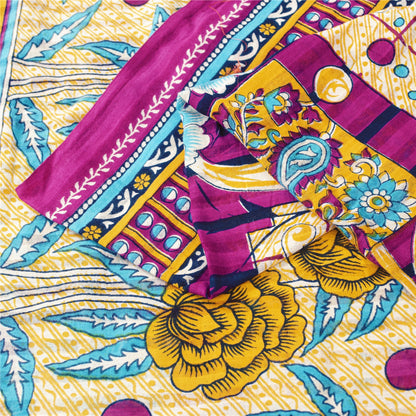 Sanskriti Vintage Sarees Ivory & Pink Pure Cotton Printed Sari 5+yd Craft Fabric