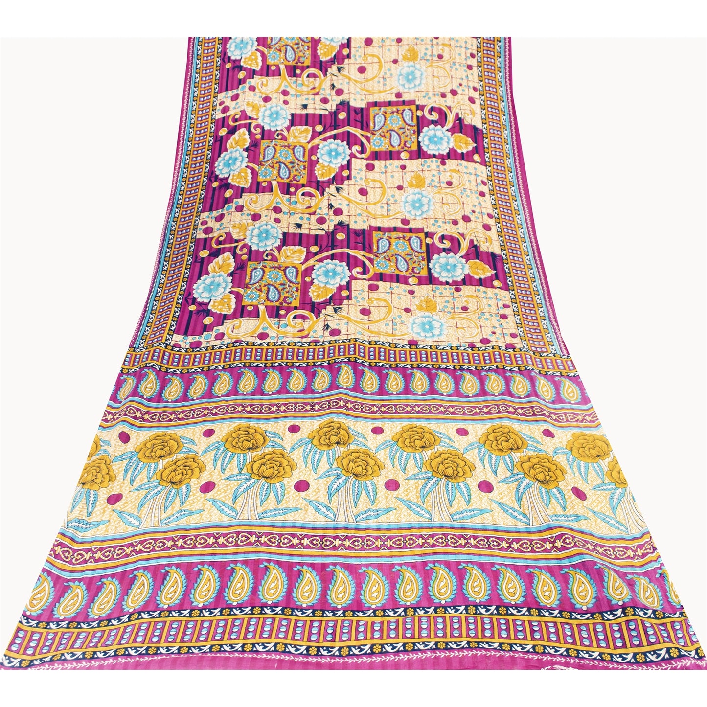 Sanskriti Vintage Sarees Ivory & Pink Pure Cotton Printed Sari 5+yd Craft Fabric