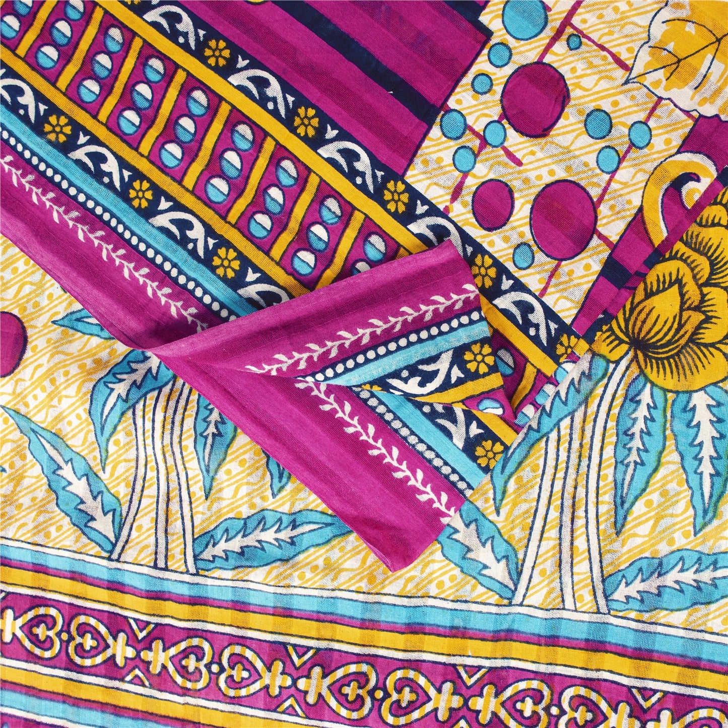 Sanskriti Vintage Sarees Ivory & Pink Pure Cotton Printed Sari 5+yd Craft Fabric