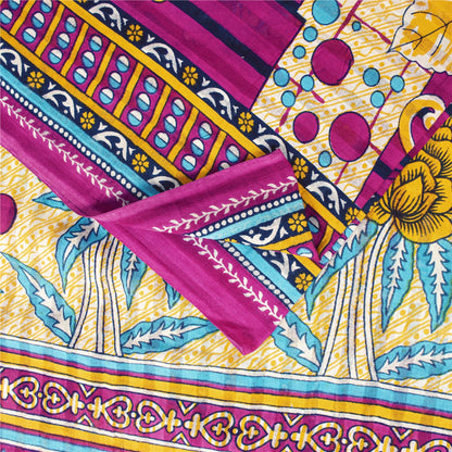 Sanskriti Vintage Sarees Ivory & Pink Pure Cotton Printed Sari 5+yd Craft Fabric