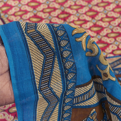 Sanskriti Vintage Sarees Red Pure Cotton Human Printed Sari 5+yd Craft Fabric