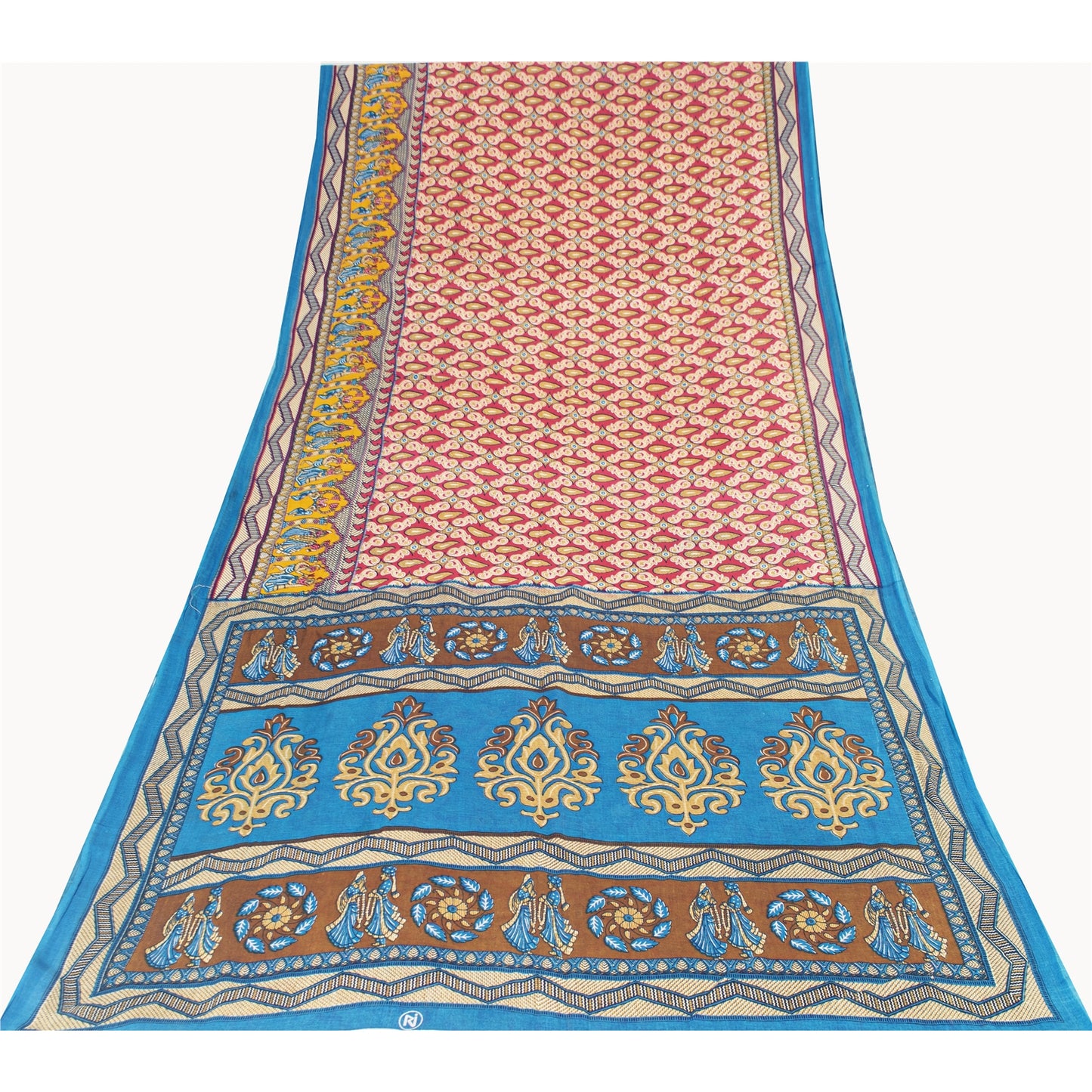 Sanskriti Vintage Sarees Red Pure Cotton Human Printed Sari 5+yd Craft Fabric