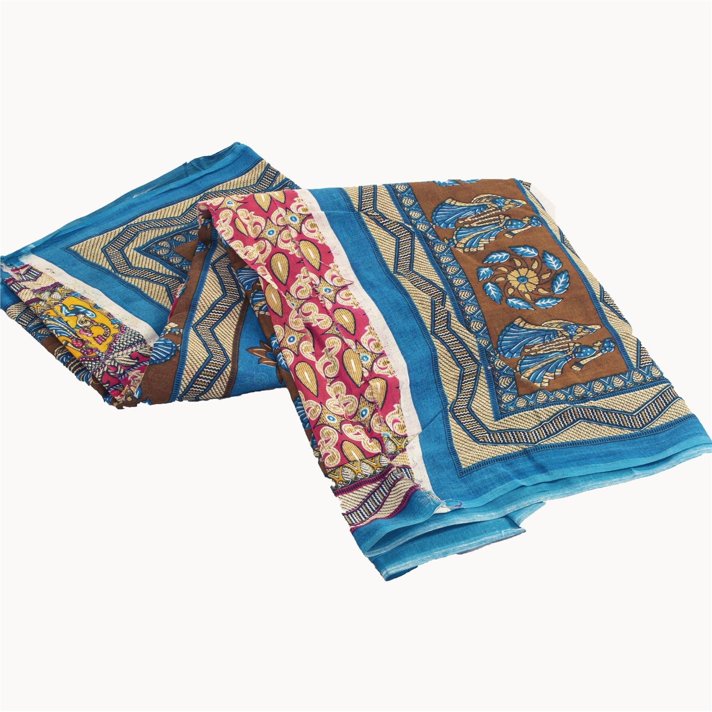 Sanskriti Vintage Sarees Red Pure Cotton Human Printed Sari 5+yd Craft Fabric