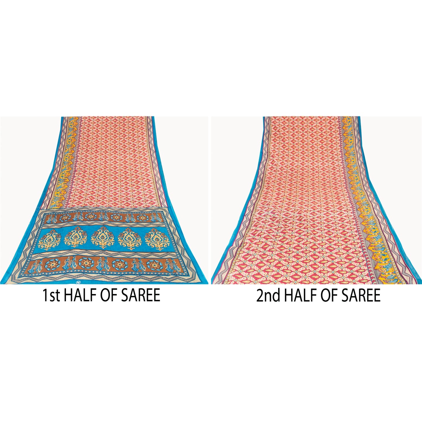 Sanskriti Vintage Sarees Red Pure Cotton Human Printed Sari 5+yd Craft Fabric