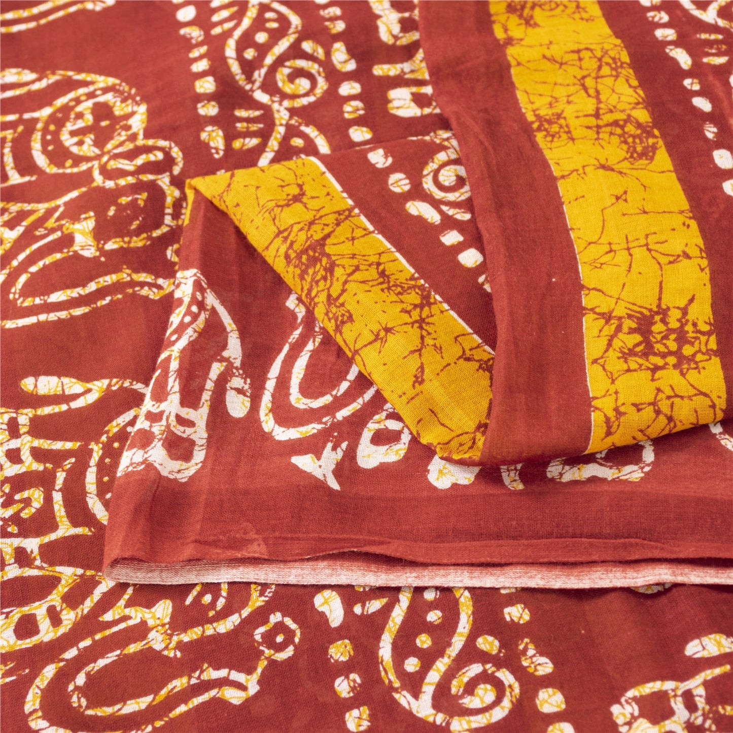 Sanskriti Vintage Sarees Red & Yellow Pure Cotton Batik Printed Sari 5+yd Fabric
