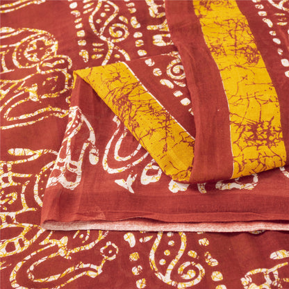 Sanskriti Vintage Sarees Red & Yellow Pure Cotton Batik Printed Sari 5+yd Fabric